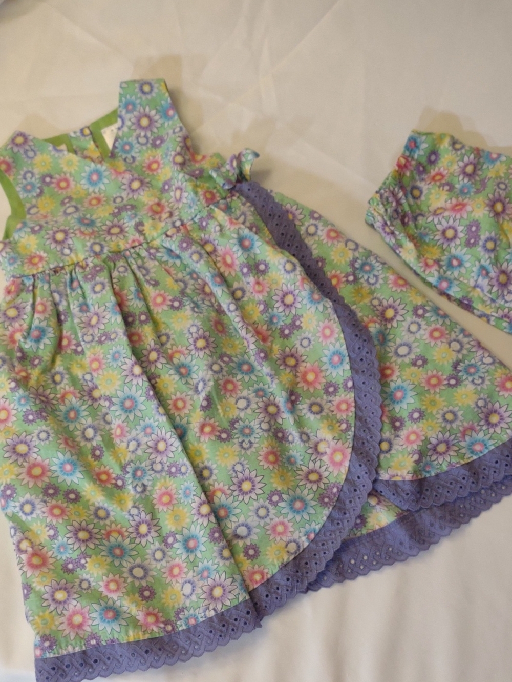 Girls Floral Lined Sundress w/Lavender Trim - Green & Pastel & Bloomers Sz. 4